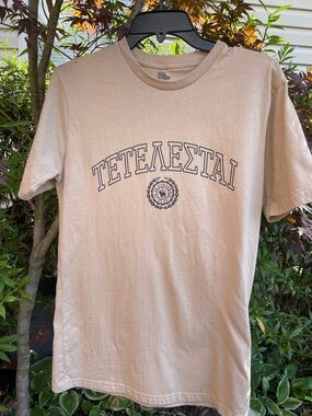Sz M Tetelestai Greek "It is finished" Sandstone khaki Medium Unisex T-shirt Tee